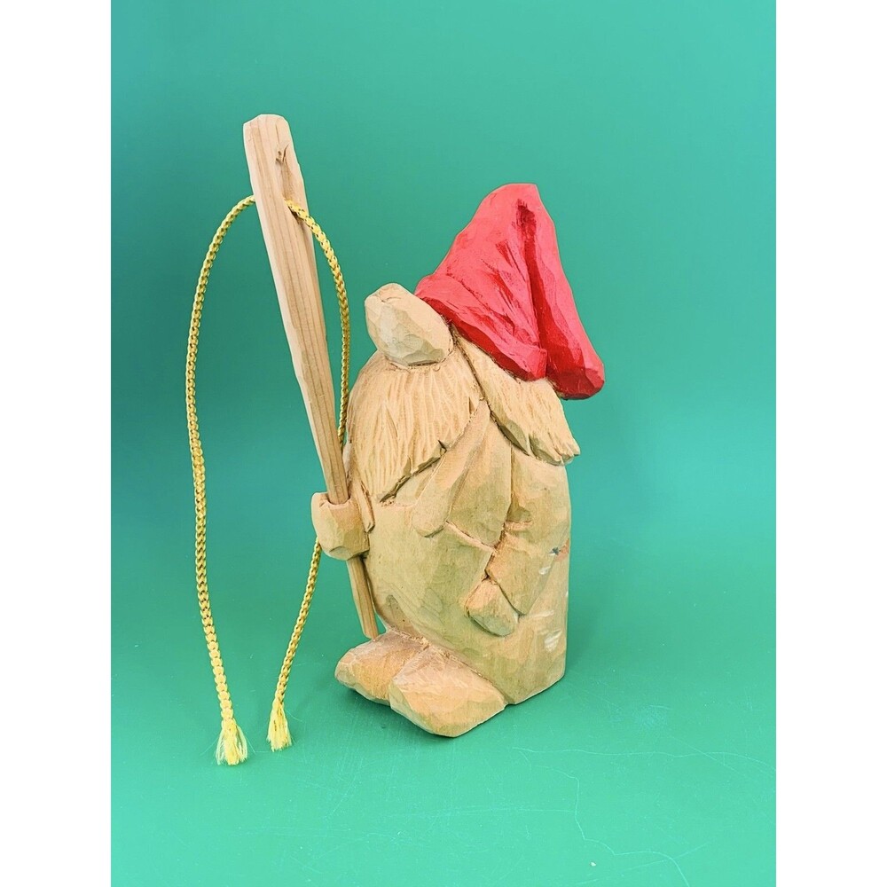 Norm Malan Hand Carved Wood Gnome Small Sculpture Red Hat Folk Art OOAK Signed